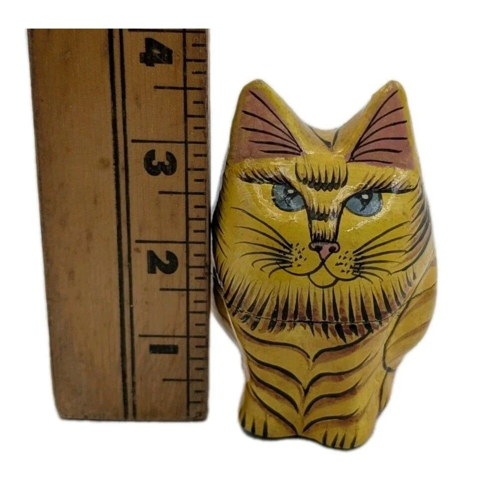 Vintage Kashmiri Papier Mache Cat Trinket Box Hand Painted Orange Tabby India